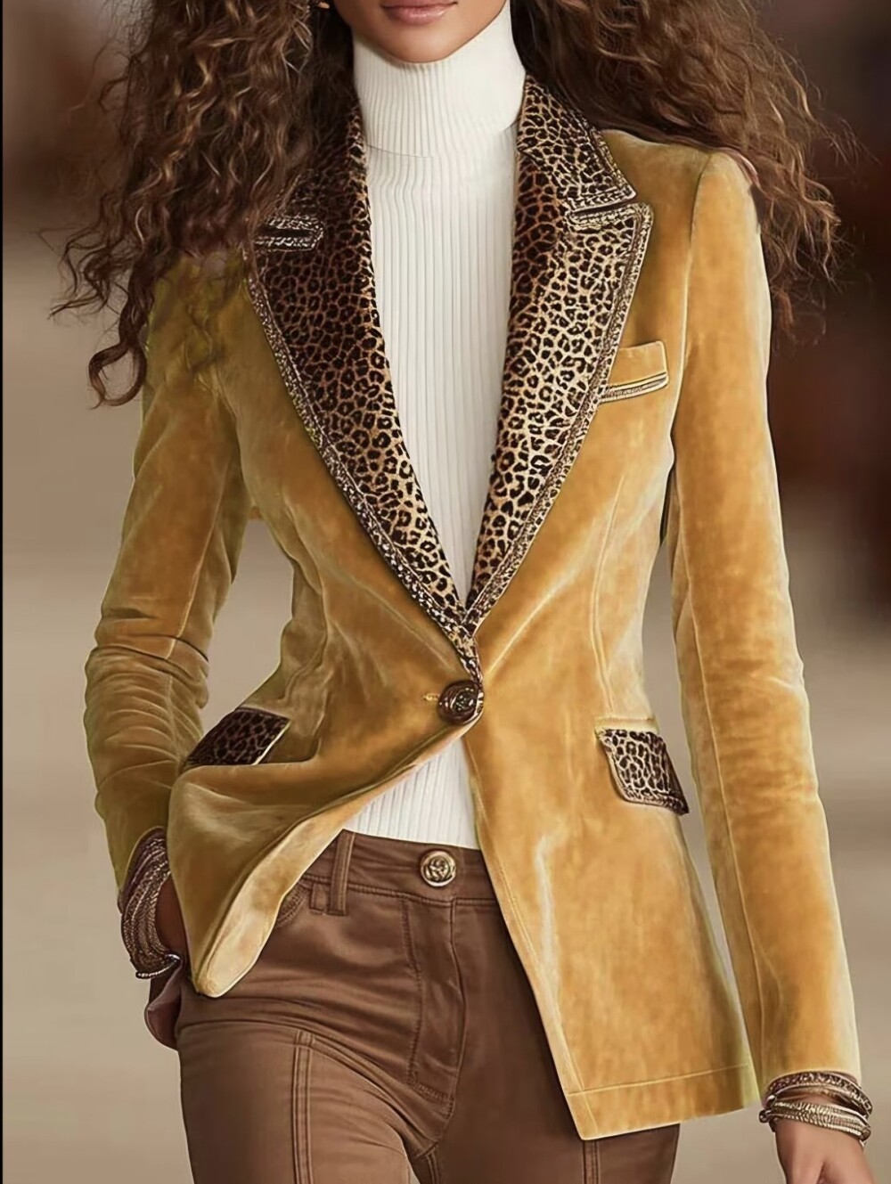 Stylish Lapel Jacket Leopard Print Collar And Pocket Trim Single Button Closure